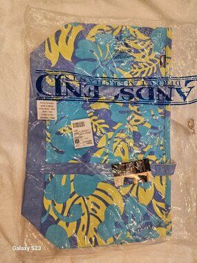 New Lands End Cordura Lg Printed Tote Bag, Side Pocket, True Blue Hibiscus